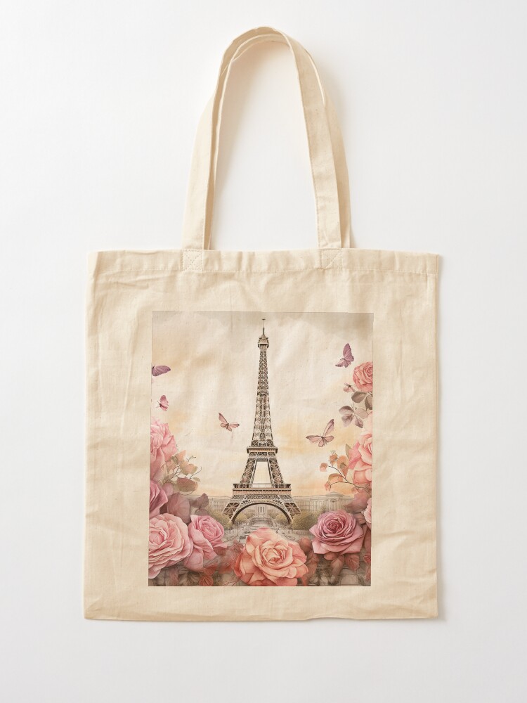 Eiffel Tower Tote, Shabby Chic Tote hot Bag, set, Pink Rose, Sage, Large Bag, cloth purse, French script, Lace, griege, neutral, handbag, USA