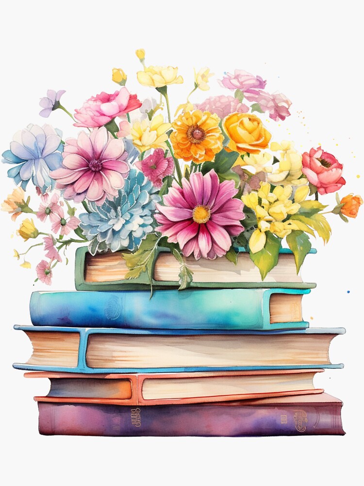 Pastel Flowers on Books Sticker for Sale by aurahealing