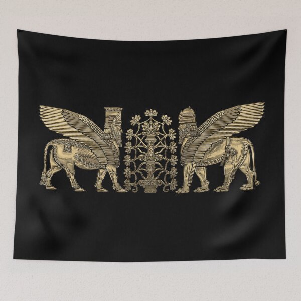 Item preview, Gold Assyrian Winged Lion and Winged Bull - Lumasi with Tree of Life over Black Canvas designed and sold by Serge Averbukh Art Studio.