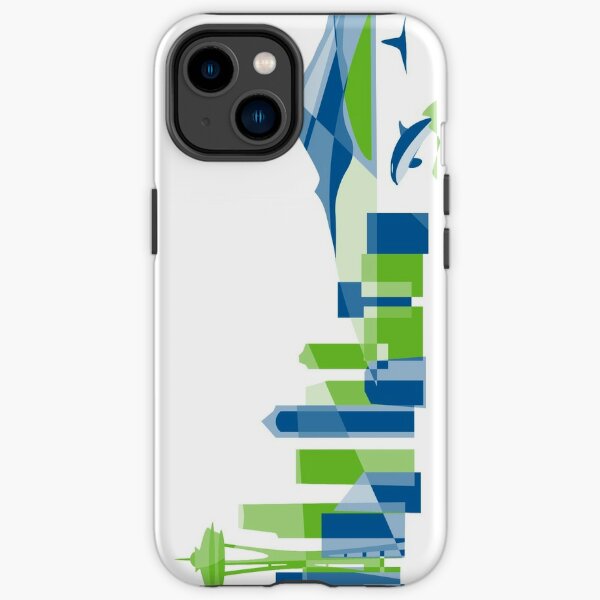 Seattle Skyline with Space Needle, Mt. Rainier and Orca in Colorful Green and Blue geometric shapes Iphone Case