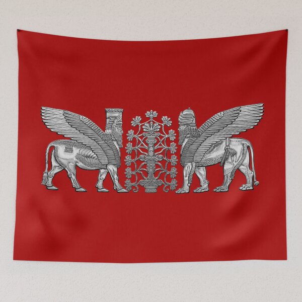 Item preview, Silver Assyrian Winged Lion and Winged Bull - Lumasi with Tree of Life over Red Canvas designed and sold by Serge Averbukh Art Studio.
