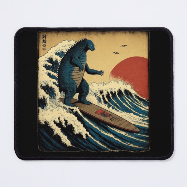Godzilla Surfing The Great Wave by Hokusai Funny Parody
