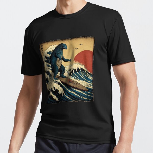 Item preview, Godzilla Surfing The Great Wave by Hokusai Funny Parody designed and sold by Robert Diebold.