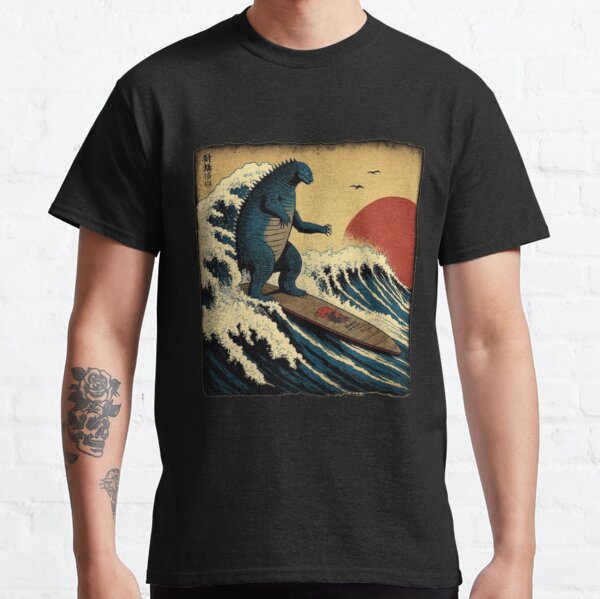 Godzilla Surfing The Great Wave by Hokusai Funny Parody Classic T-Shirt