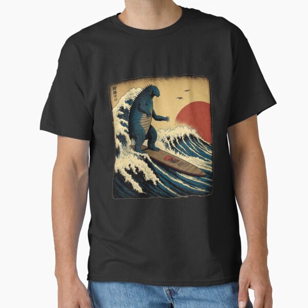 Godzilla Surfing The Great Wave by Hokusai Funny Parody Classic T-Shirt