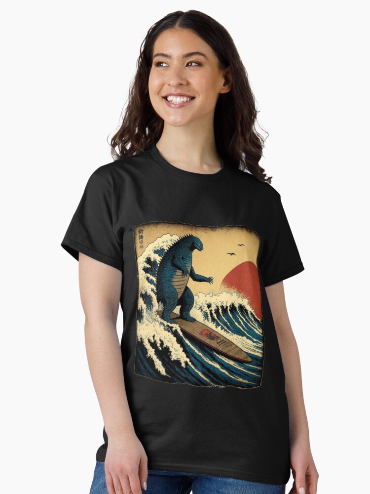 Thumbnail 2 of 7, Classic T-Shirt, Godzilla Surfing The Great Wave by Hokusai Funny Parody designed and sold by manbird.