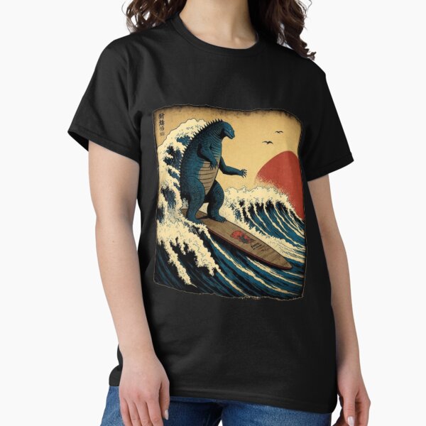 Item preview, Godzilla Surfing The Great Wave by Hokusai Funny Parody designed and sold by Robert Diebold.