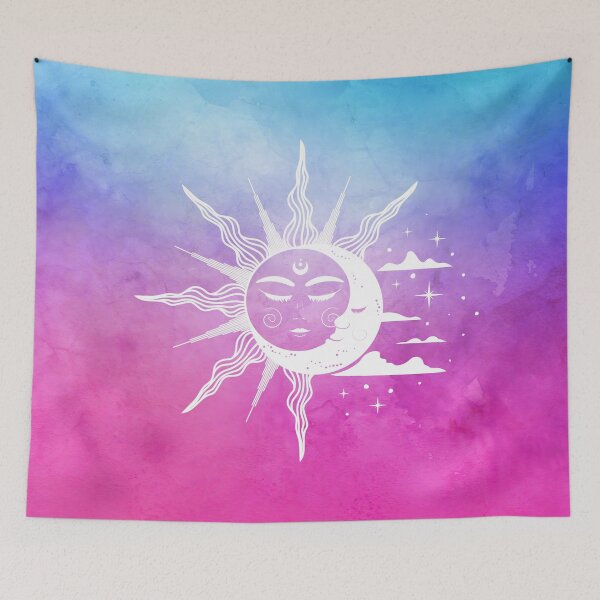 Item preview, Cosmic Aesthetic Sun and Moon in Blue and Pink Watercolor Sky designed and sold by Trish Dish.