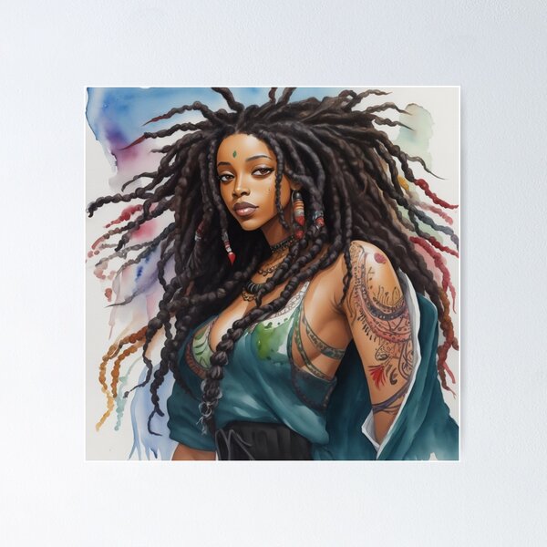 Item preview, beautiful black woman with dreadlocks, watercolor painting design designed and sold by womenandflowers.