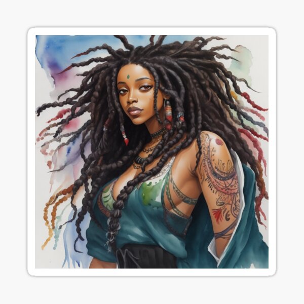 Item preview, beautiful black woman with dreadlocks, watercolor painting design designed and sold by womenandflowers.