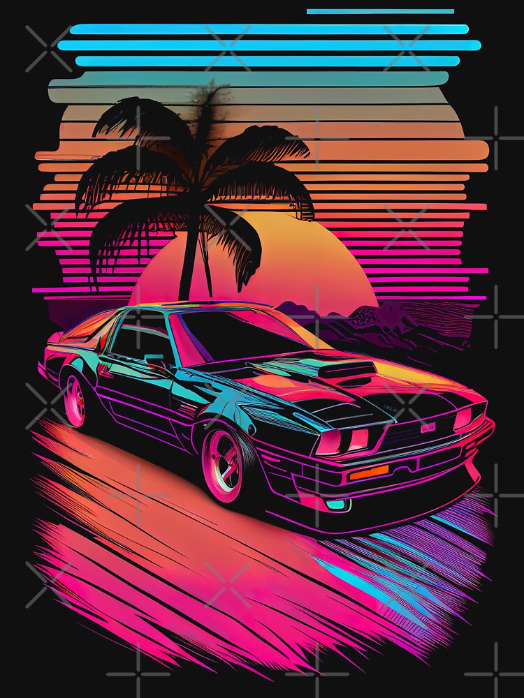 Vintage Sports Cars T-shirt Featuring A Retro Art Poster Illustration In  The Style Of Tropical Landscapes. The Design Is Inspired By The Synthwave  Genre And Features A Light Black And Amber Color