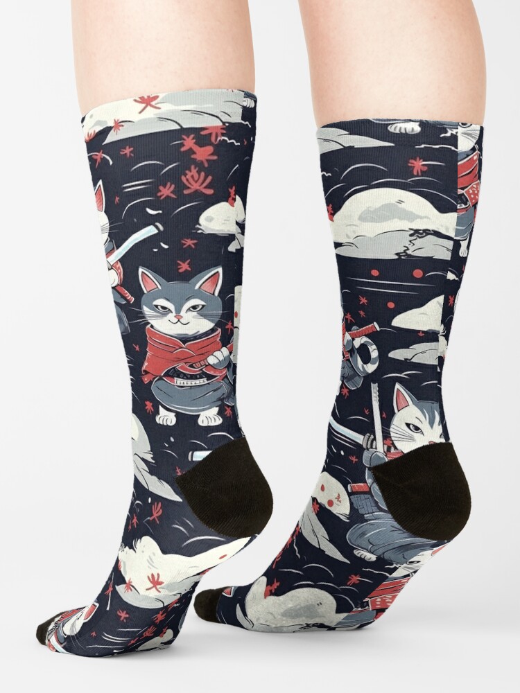 Disover Samurai Cats Pattern in the style of Yokai Illustrations | Socks
