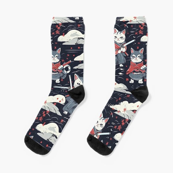 Disover Samurai Cats Pattern in the style of Yokai Illustrations | Socks
