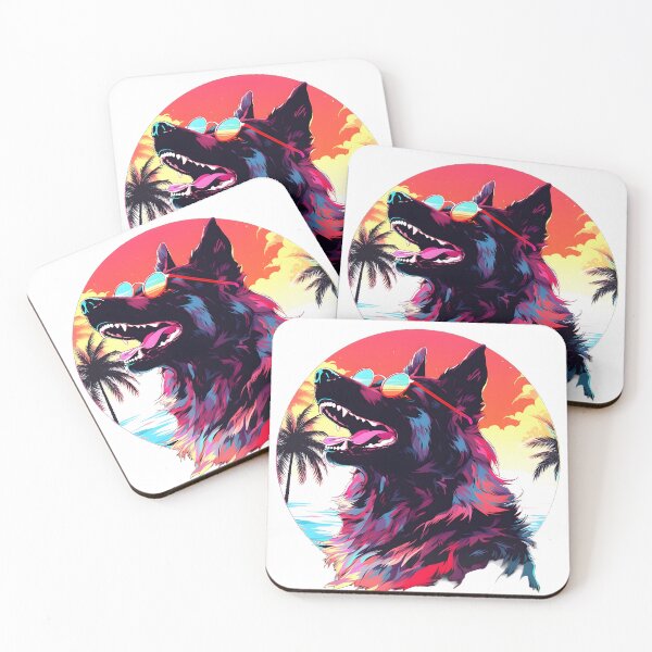 Item preview, a dog wearing sunglasses with a tropical beach, in the style of neon hallucinations designed and sold by Dazeville Studio1541 .