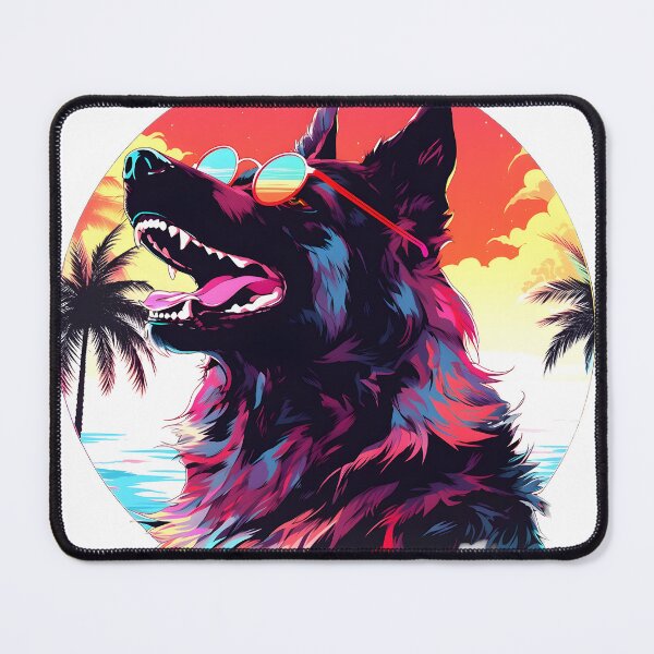 Item preview, a dog wearing sunglasses with a tropical beach, in the style of neon hallucinations designed and sold by Dazeville Studio1541 .