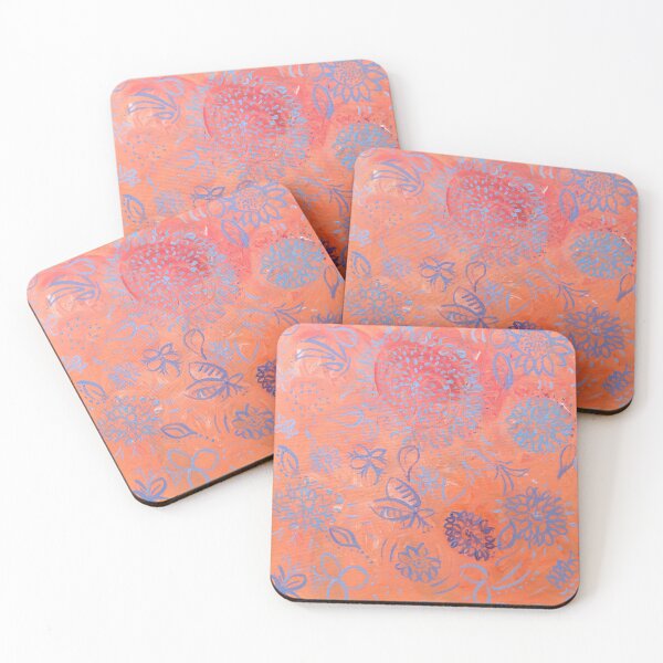 Artikelvorschau, Strahlendes Blau-Lila-Blumenmuster auf orangefarbenem Gemälde von Pieretto entworfen und verkauft von Pieretto.