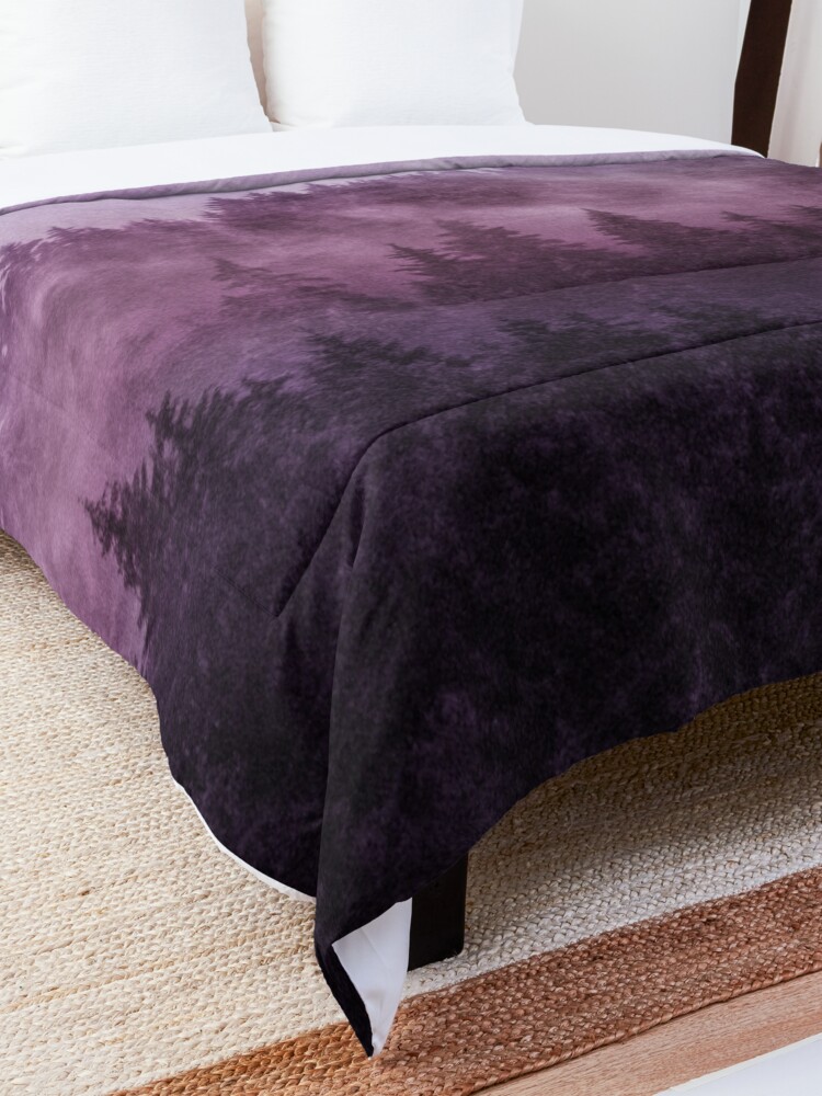 Comforter, Excuse Me, I'm Lost // Laid Back In A Misty Foggy Raspberry Wilderness Romantic Cascadia Trees Forest Covered In Purple Magic Fog designed and sold by Tordis Kayma