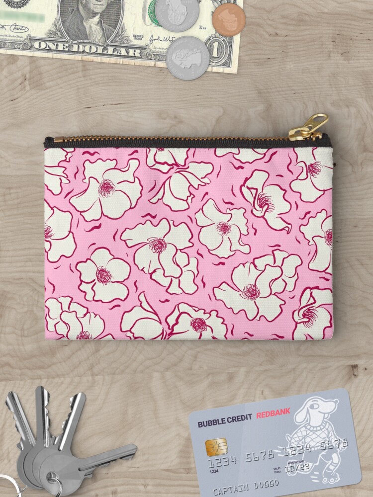 White flowers on a pink background Zipper Pouch for Sale by