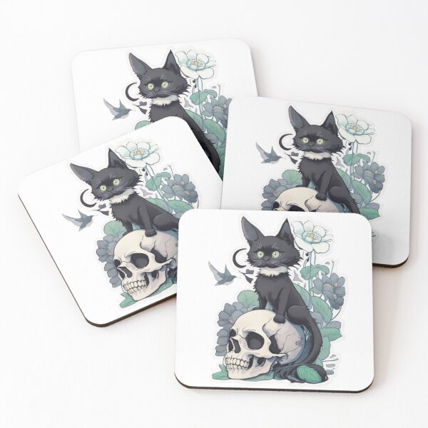 Item preview, Cute Black Cat Sat On Top Of Skull - Whimsical Illustration designed and sold by BBGIFTSUK.