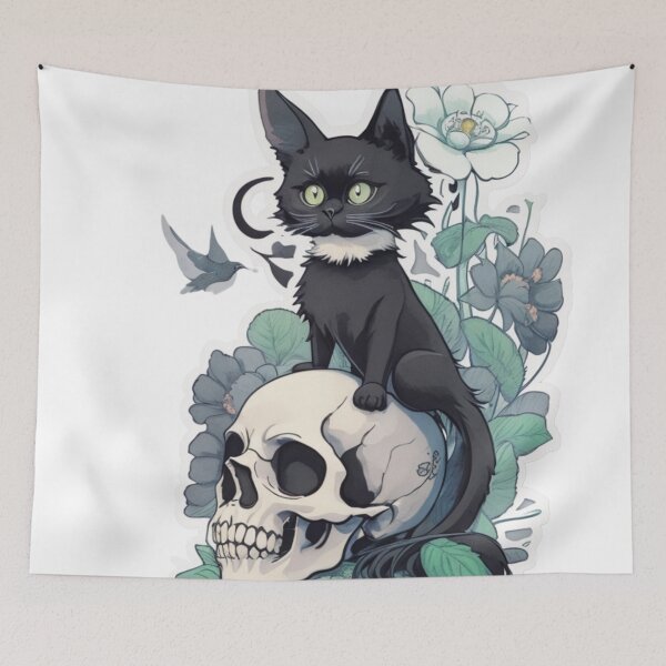 Item preview, Cute Black Cat Sat On Top Of Skull - Whimsical Illustration designed and sold by BBGIFTSUK.