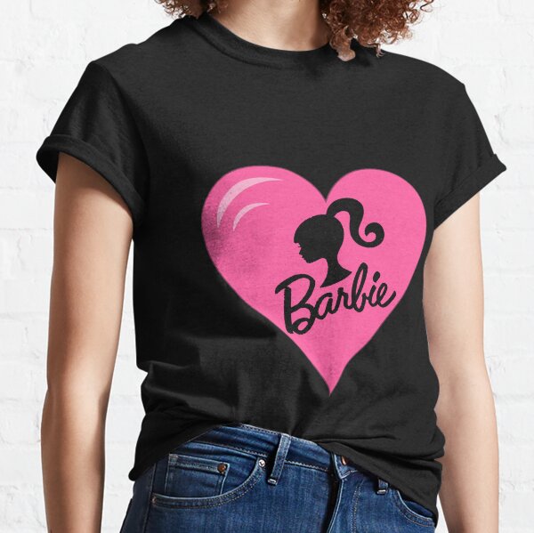 Barbie Camiseta de manga corta para mujer | Muñeca de mujer con logotipo  clásico blanco y rosa en camiseta gráfica negra | Top de ropa de muñeca de