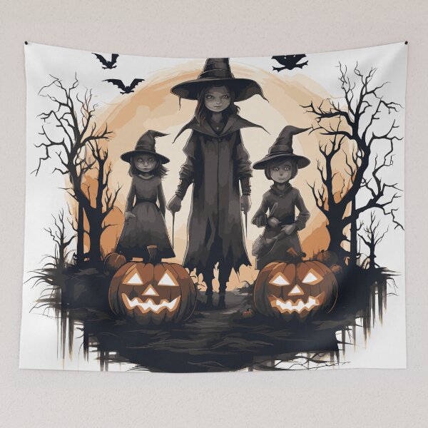 Item preview, Magical Halloween Trio: Witch Sisters and Brother Surrounded by Jack-o'-lanterns designed and sold by WFTan.