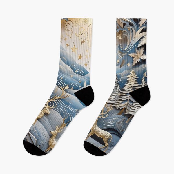 Item preview,  3d whimsical blue and gold winter forest with Christmas trees and reindeer  designed and sold by Inktown.
