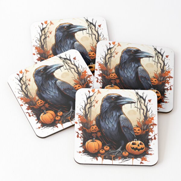 Item preview, Crow Raven Pumpkins Halloween Scene Nighttime Moon Tree Background designed and sold by InkwaveDesigns.