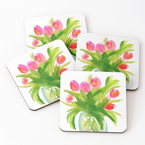 Item preview, Pink tulips in a blue glass vase watercolor painting designed and sold by AnissaF.