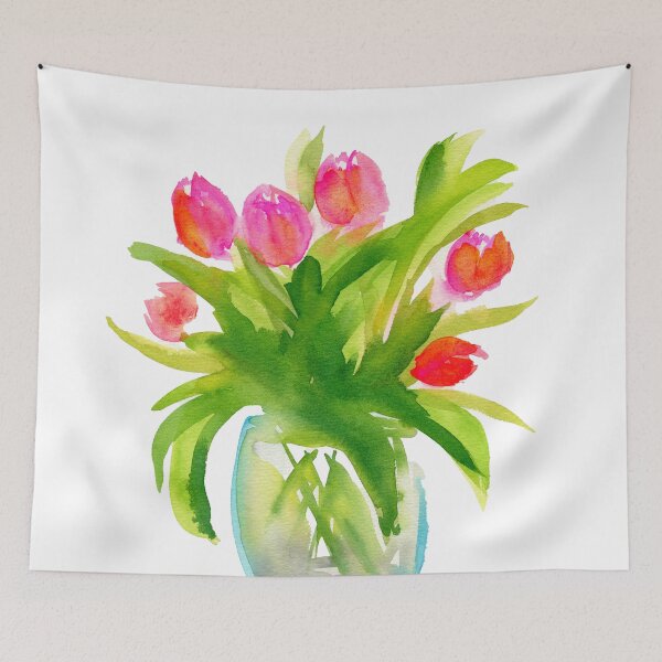 Item preview, Pink tulips in a blue glass vase watercolor painting designed and sold by AnissaF.