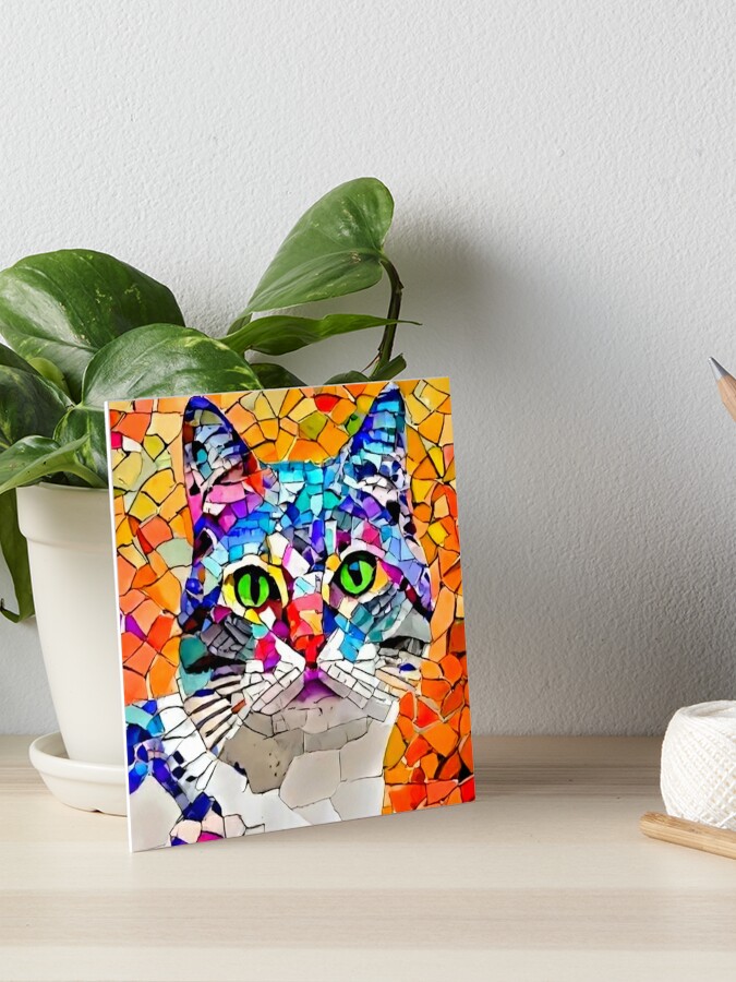 Collage Paper Cat with Pink Ribbon Art Board Print for Sale by