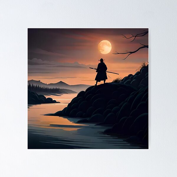 Wall Mural Lonely Samurai - Mountain Landscape, Japanese Inscription and  Anime Character - People - Wall Murals