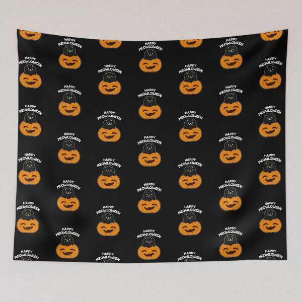 Item preview, Happy Meowloween Funny Halloween Black Cat Puns (Dark BG) designed and sold by punnybone.