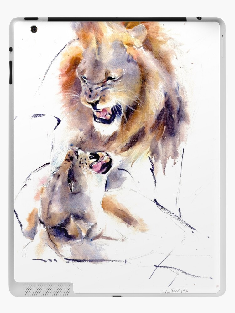 Funda y vinilo para iPad «Pintura acuarela de la vida silvestre - RITUAL -  Ritual de cortejo de leones - Ilustración - Grandes felinos africanos» de  lyatee | Redbubble