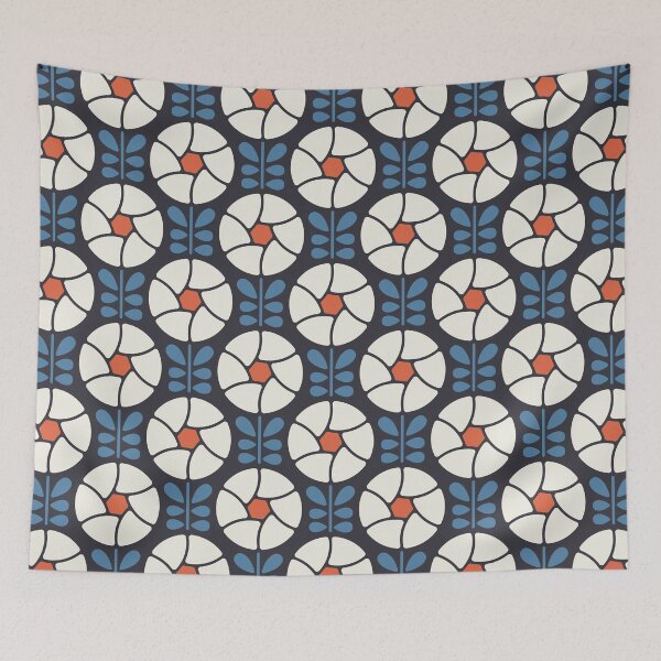 Artikelvorschau, KF 0097 H – Vintage Retro-Blume, modernes geometrisches Blumenmuster der 70er Jahre in Blau, Weiß und Rot entworfen und verkauft von KhakiFinch.