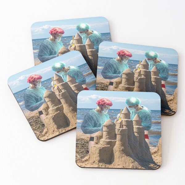 Item preview, Whimsical "Surgeon's Holiday" Collage Art Print: Scrubs-clad Surgeons Building a Sandcastle - Perfect For Healthcare Professionals designed and sold by GollyWillikers.