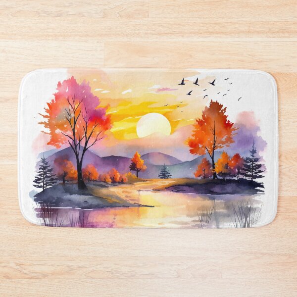 Item preview, autumn fall colorful watercolor mountain sunrise  designed and sold by Inktown.