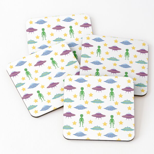 Item preview, Cute background with cartoon UFOs, green alien, stars. designed and sold by Mallva.