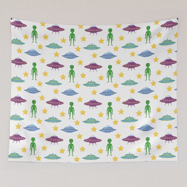 Item preview, Cute background with cartoon UFOs, green alien, stars. designed and sold by Mallva.