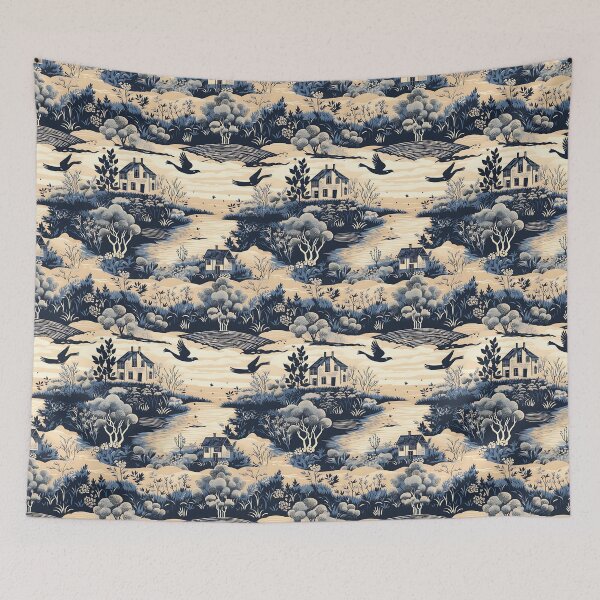 Item preview, Serenity Retreat - Blue and White Pattern with Cottages and Birds designed and sold by vadimcarazan.