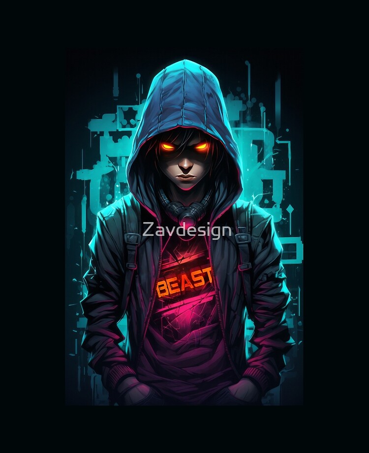 Figure in a hoodie with bright lights and neon colors