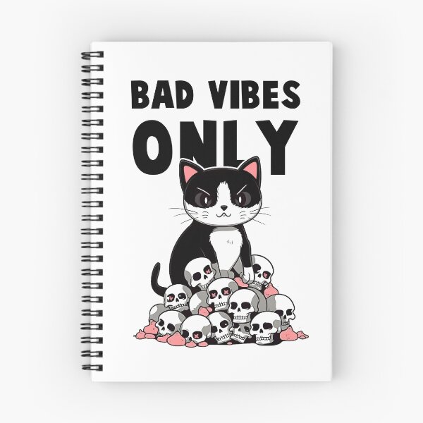 Item preview, Black cat sits below a pile of skulls Saying bad vibes only, in the style of bold graphic illustrations, cute cartoonish designs, optical illusion designed and sold by SE7VENTH.