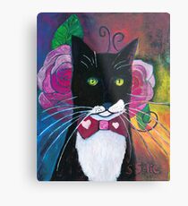 Tuxedo Cat and Pink Roses Metal Print