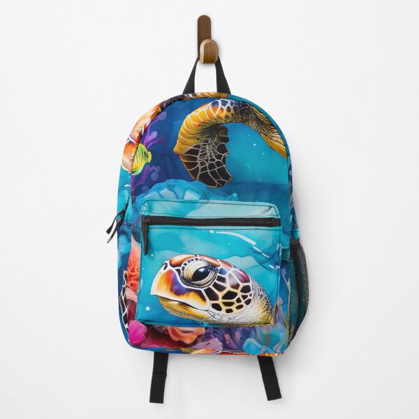 Item preview, Sea turtle and colorful flowers in ocean water blue alcohol ink designed and sold by Inktown.