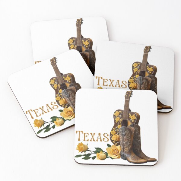 Artikelvorschau, TEXAS LOVE Honkytonk Western Music Appreciation Blumenmotiv mit Cowboystiefeln, Akustikgitarre und gelben Rosen entworfen und verkauft von BadassBazaar.