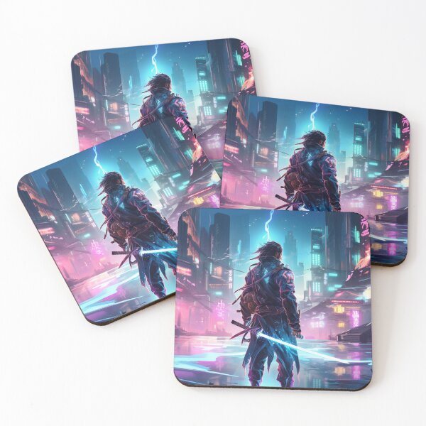 Item preview, samurai in a neon city with a glowing sword designed and sold by WarreNDelfRan.