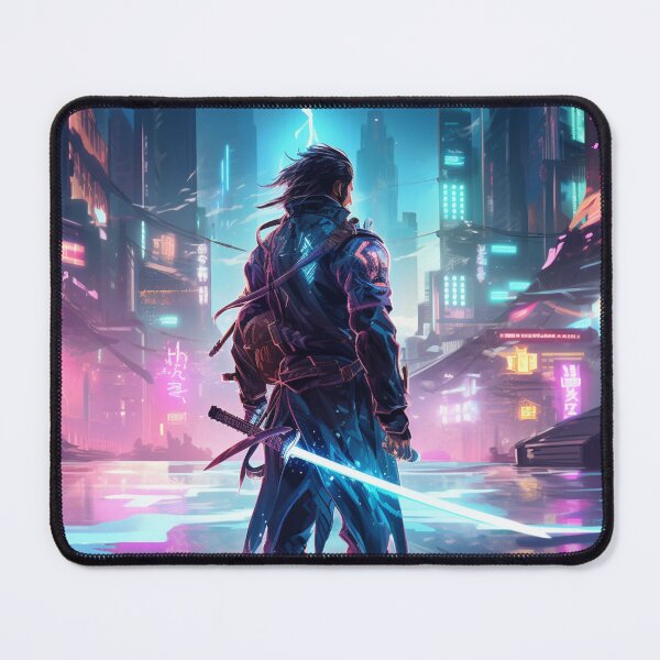Item preview, samurai in a neon city with a glowing sword designed and sold by WarreNDelfRan.