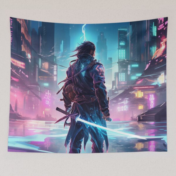 Item preview, samurai in a neon city with a glowing sword designed and sold by WarreNDelfRan.
