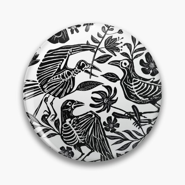Item preview, Dark folk art linocut block print floral bird skeleton pattern designed and sold by RedFinchDesigns.