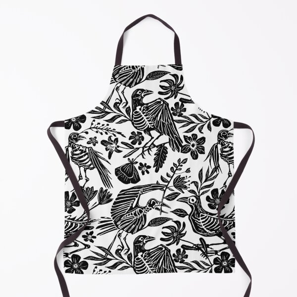 Item preview, Dark folk art linocut block print floral bird skeleton pattern designed and sold by RedFinchDesigns.